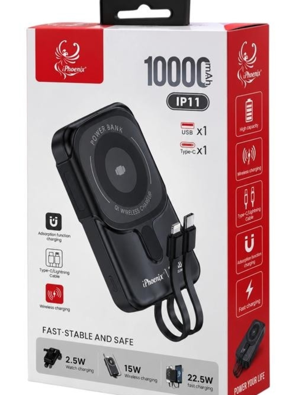 Phenix Black 10000mAh Wireless Power Bank with Built-in Cables